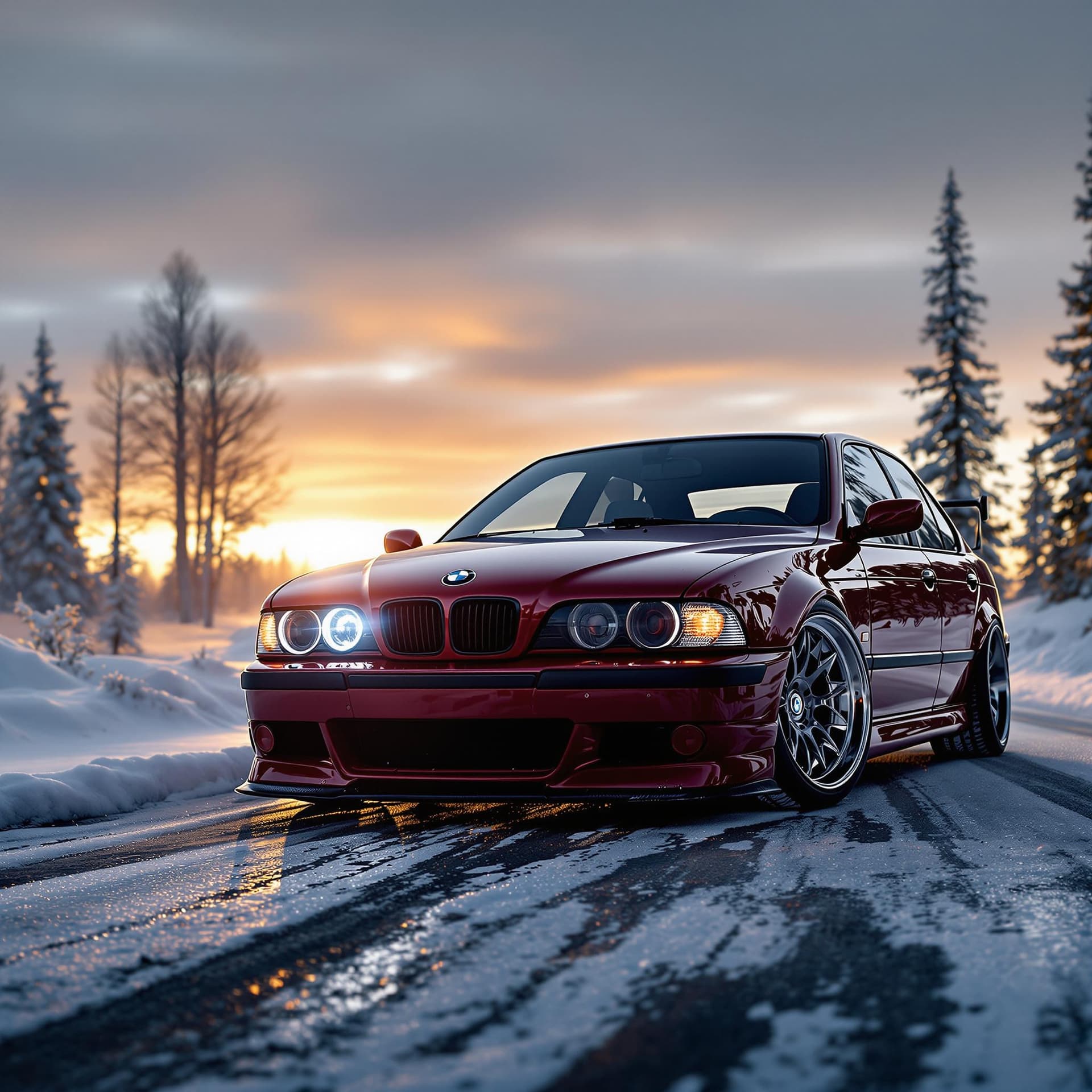 AI generated: Photo of a ultra realistic wine red bmw e39 m5, bmw angel eyes, halogen fog lights, dramatic light, ...