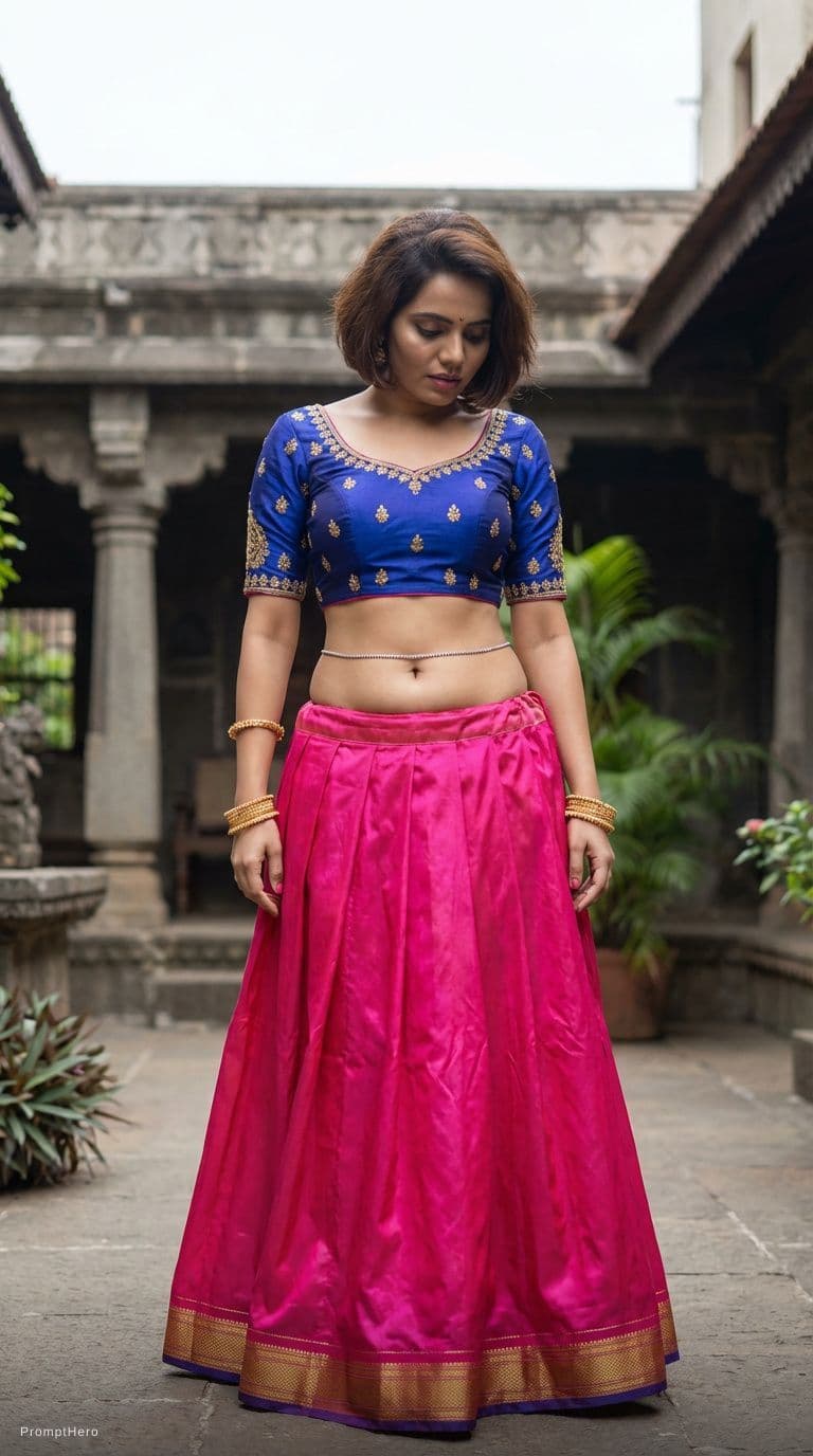 AI generated: wearing blouse choli with large busts and skirt. open naval is visible low waist skirt. wearing bang...