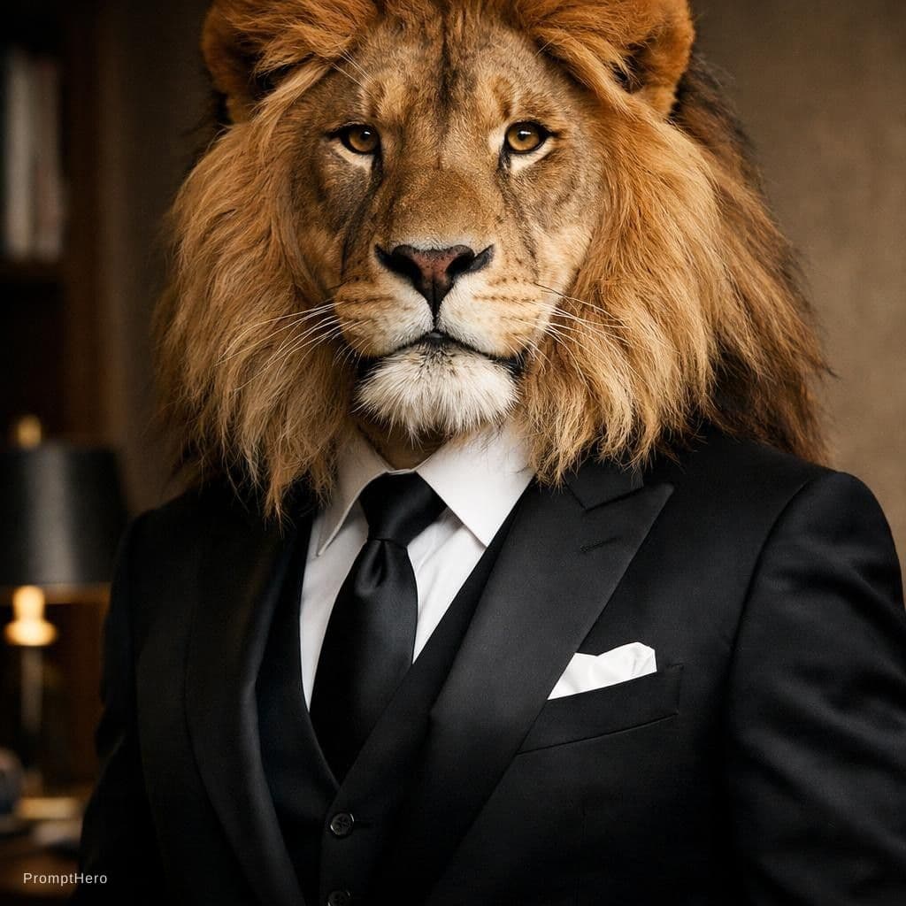 AI generated: CREAT A LION IN A BUSINESS TUXEDO SUIT