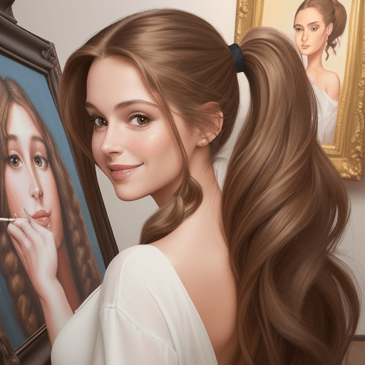 AI generated: real human celebrity portrait painting of a beautiful woman with long light brown hair, wearing a ba...