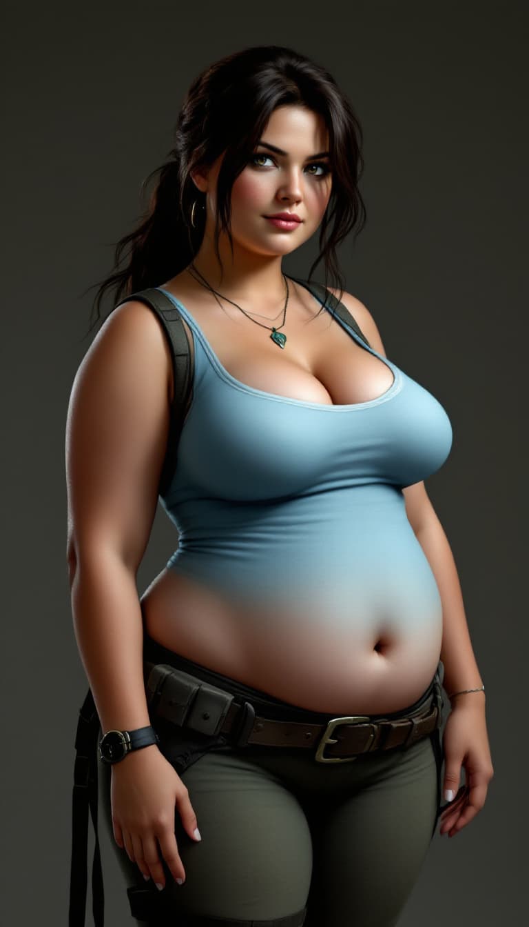 AI generated: chubby Lara Croft,Tomb Raider 2013, light blue tank tshirt ,tank pants, A very plus body shape 