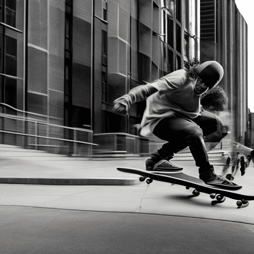 AI generated: photography, dynamic range, in the city, ollie motion with professional man skateboarder