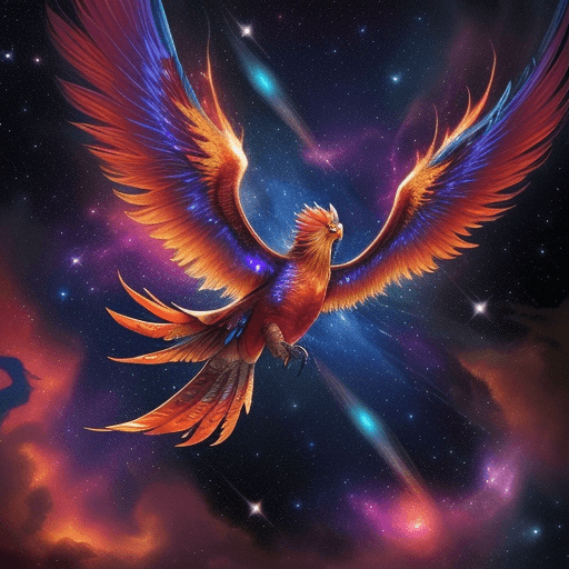 AI generated: high resolution close up majestic Mystical Phoenix Bird Flying through a fiery sky in Outer Space wi...