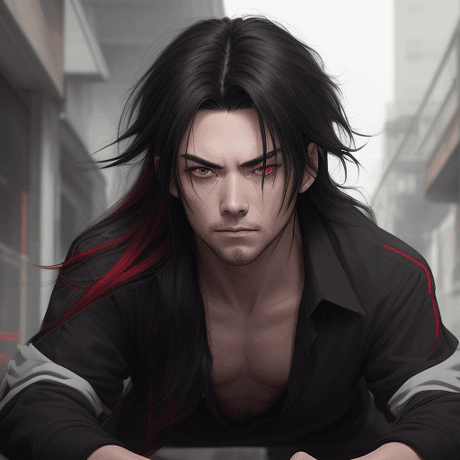 AI generated: 1boy, attractive, red_pupils, black_hair, long_hair, messy_hair, hair_between_eyes, stubble, asian, ...