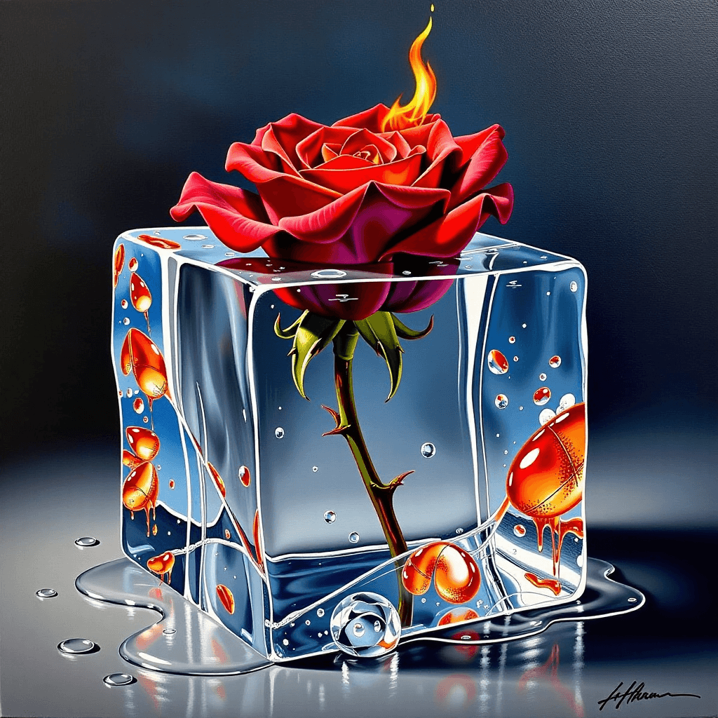 AI generated: A symbolic and hyper-detailed still life painting. A single, perfect, flaming red rose is encased wi...