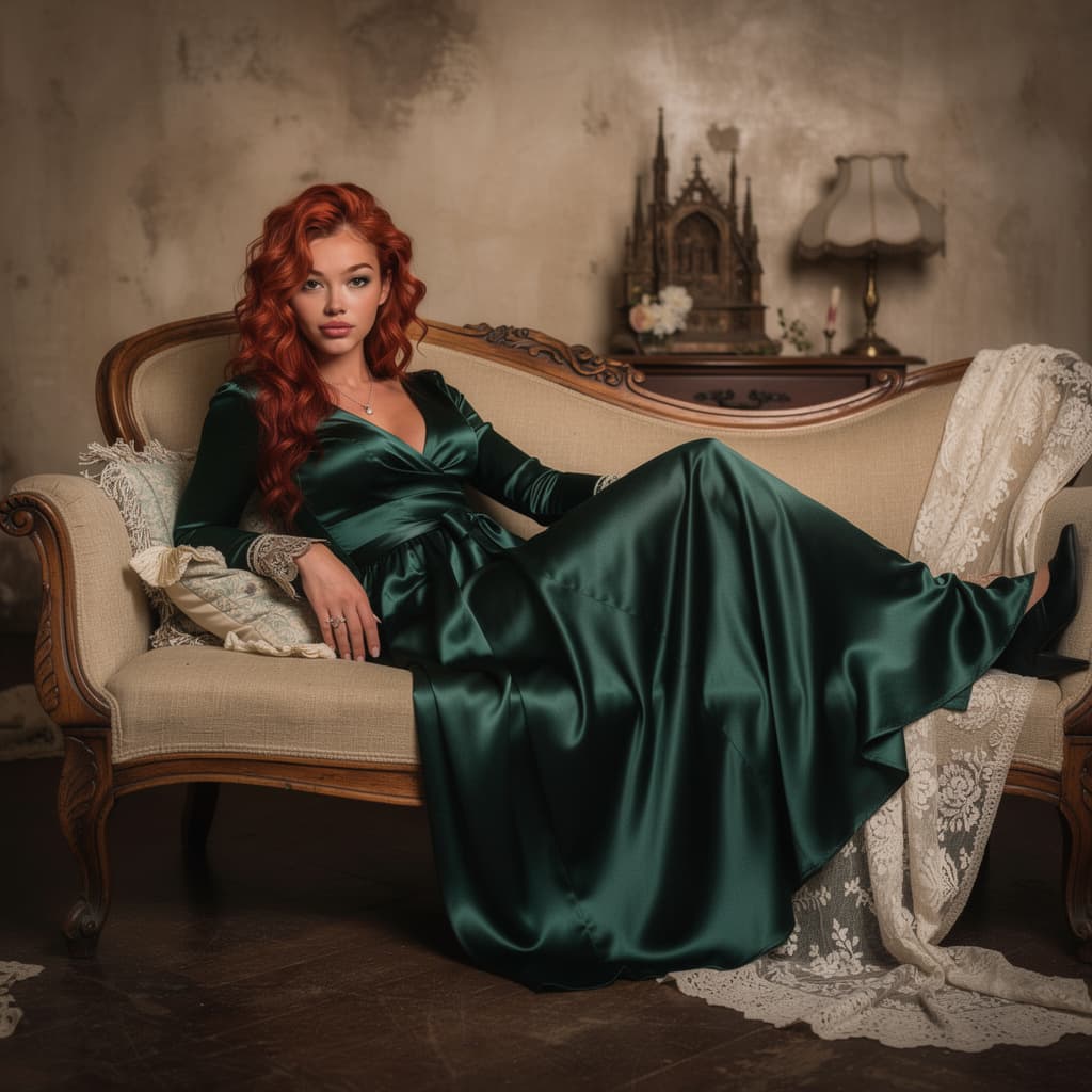 AI generated: n un boudoir d'epoca, illuminato da una luce soffusa e da texture ricche e nostalgiche, una donna se...