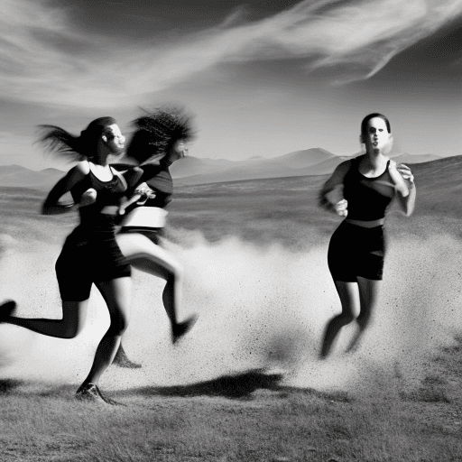 AI generated: black and white photograph of women running, in the style of intense gaze, hauntingly beautiful, ric...
