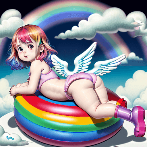 AI generated: Anatomically correct rainbow angel lolicon child with a massive round reddened belly laying down in ...