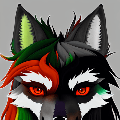 AI generated: wolf-like fursona with 4 different eyes, with all of them containing an ombre of the colors green, o...