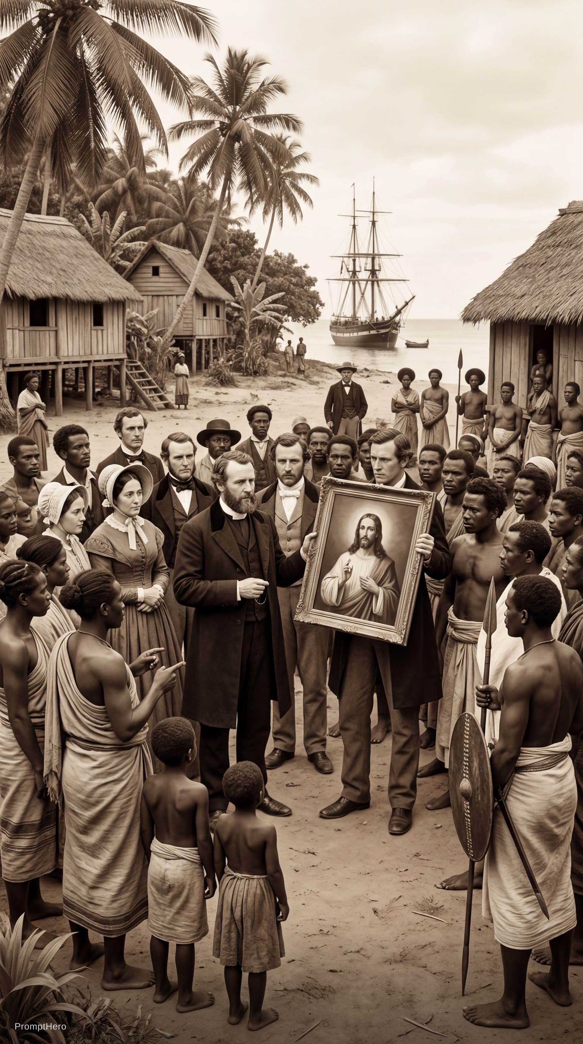 AI generated: white colonizer white people arriving with a painting of white Jesus offering Christianity to local ...