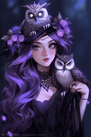 AI generated: A whimsical anime witch from the enchanted forest with a mystical flower crown and a whimsical owl h...