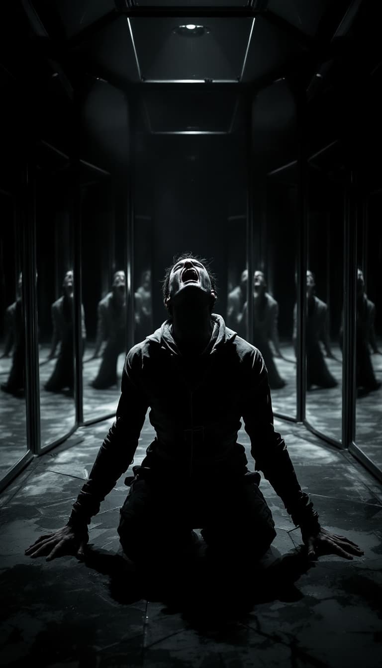 AI generated: (film grain), ultrarealistic 4k, photoart_style, (A person in a straightjacket kneels in the center ...