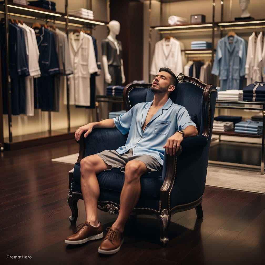AI generated: At a very luxurious men's sleeping clothing store. The Hispanic male is slender, he is 5 feet tall, ...