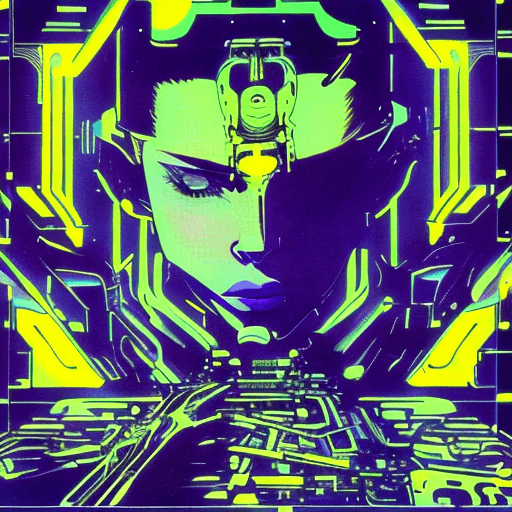 AI generated: early techno rave music inspired by ghost in the shell, 90s manga aesthetic, expressive face, yellow...