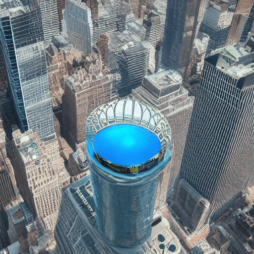 AI generated: aerial view of a giant fish tank shaped like a tower in the middle of new york city, 8k octane rende...