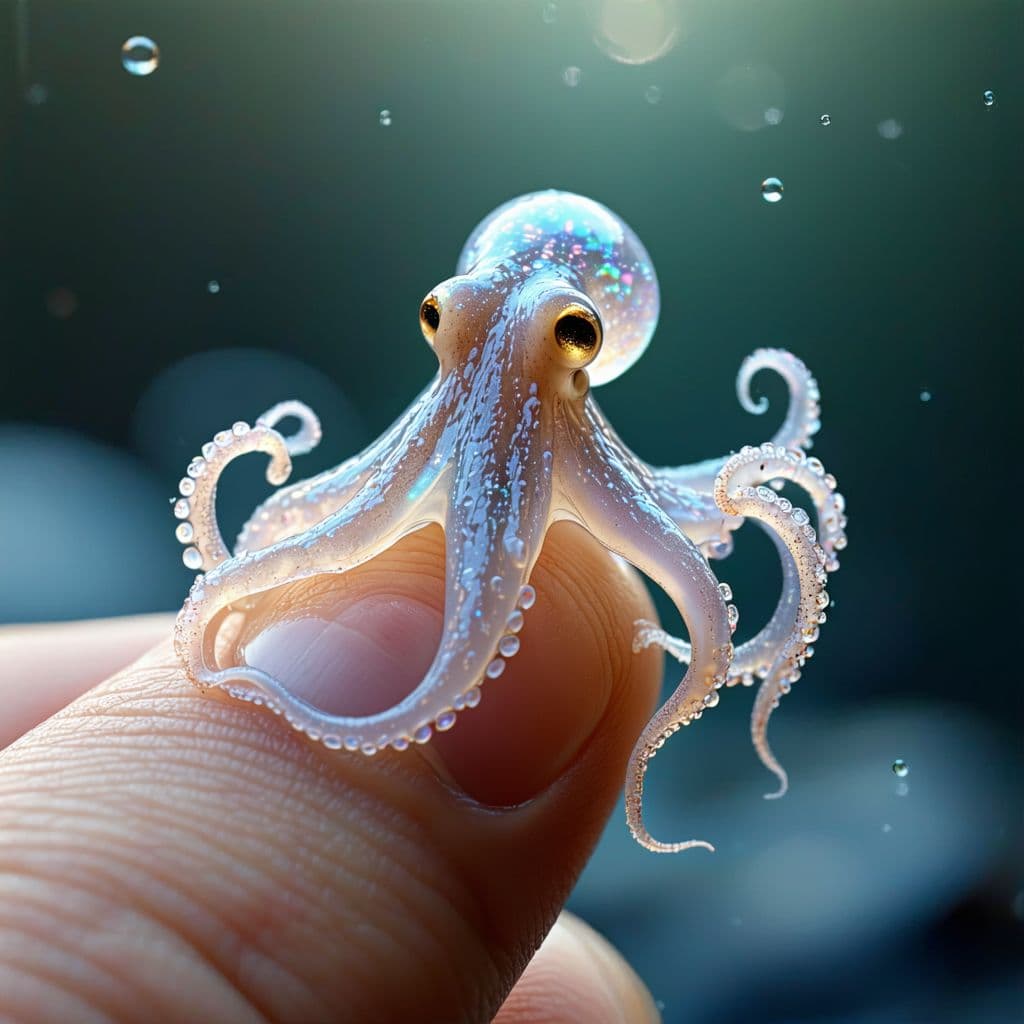 AI generated: Hyper-realistic digital rendering of an impossibly tiny translucent octopus perched gently on a huma...