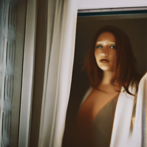 AI generated: photorealistic photo extreme wide view, photograph of, a woman with messy auburn hair is standing in...