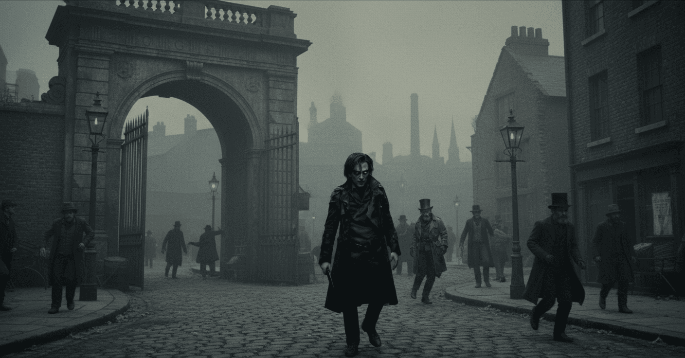AI generated: *Una niebla Una calle adoquinada y brumosa que conduce a un Londres sucio de la era industrial. Una ...