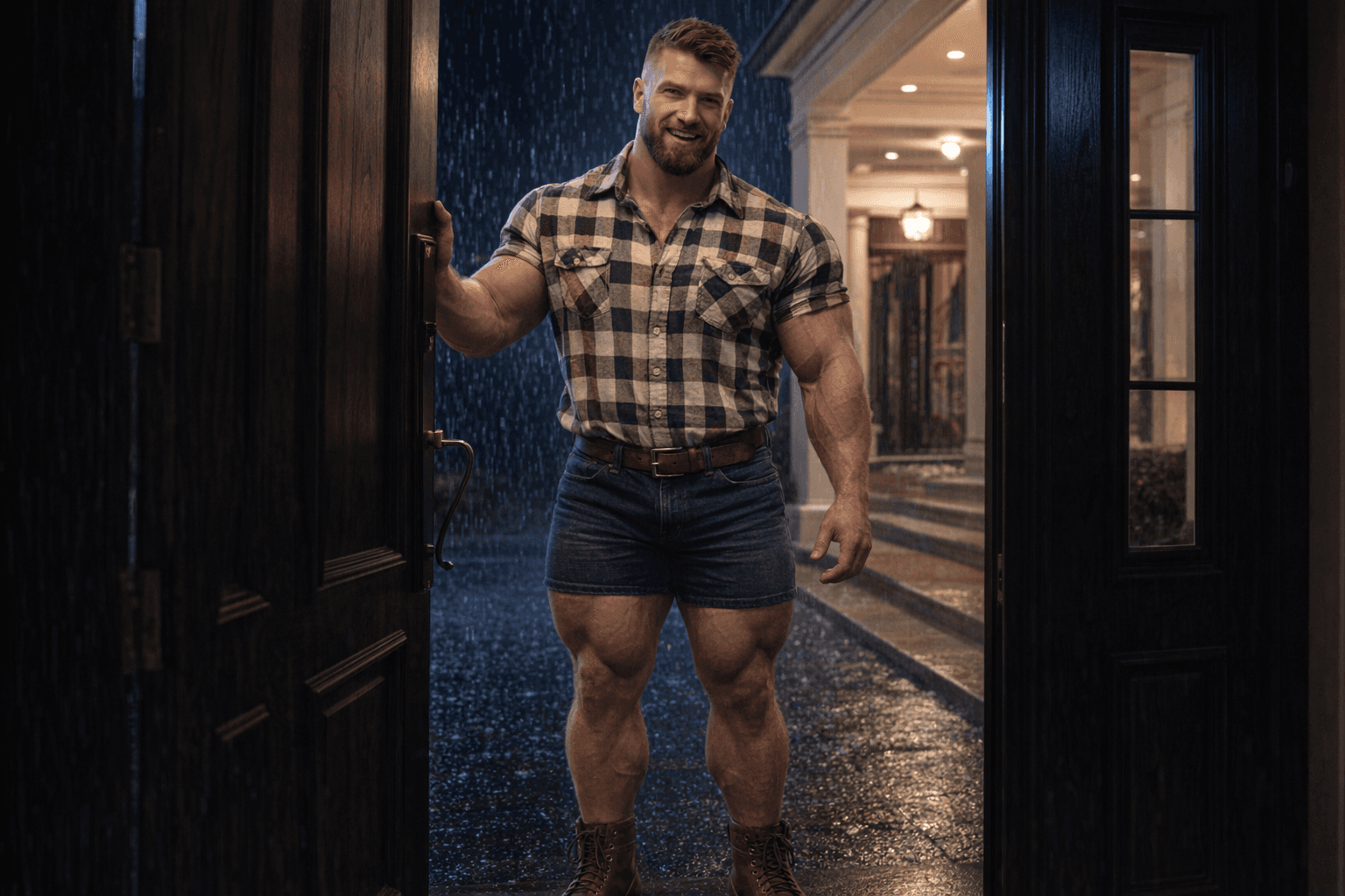 AI generated: At night. 
The bodybuilder is standing inside of a beautiful and elegant house at the main door, he ...