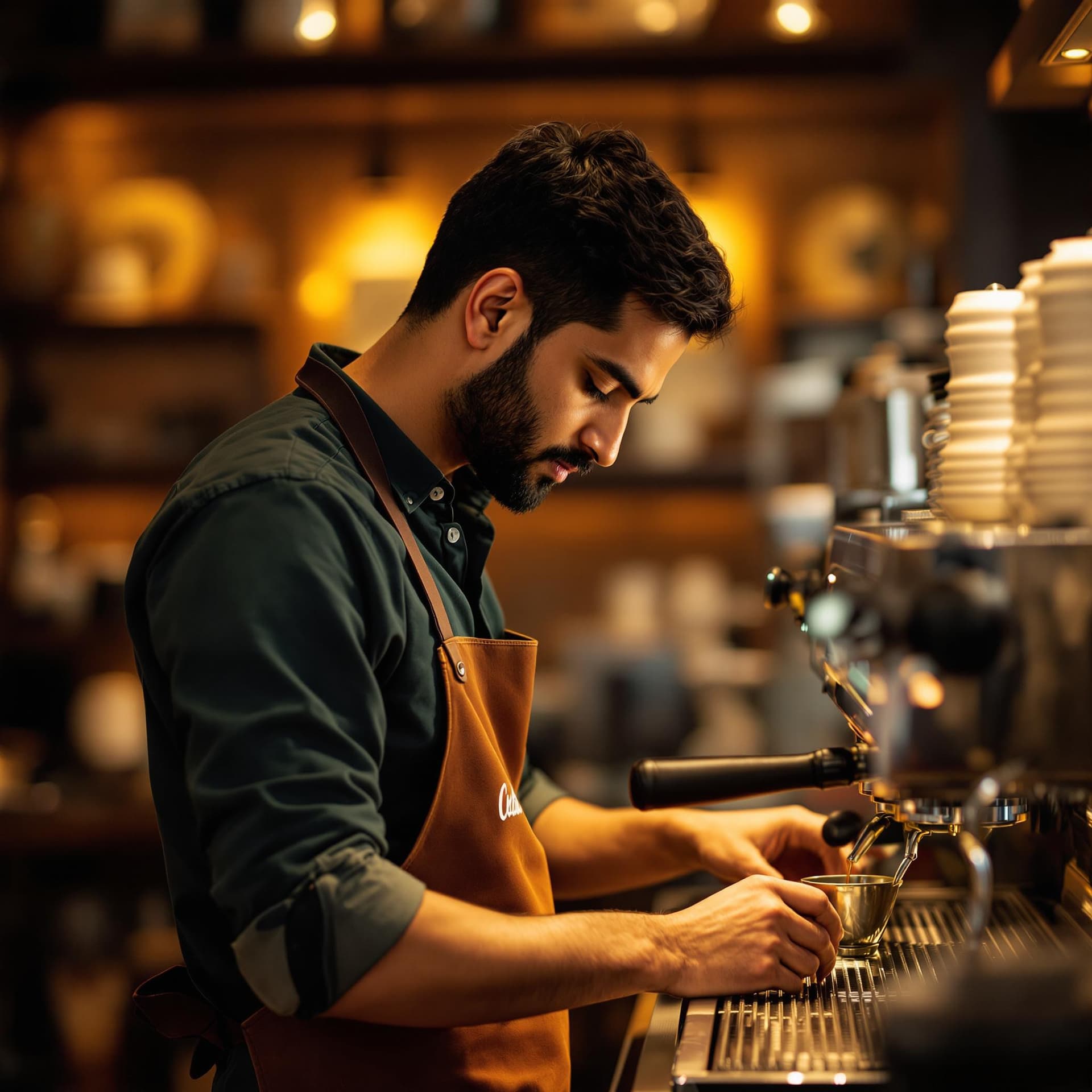 AI generated: This image captures a concentrated man operating a professional espresso machine, indicative of a ba...