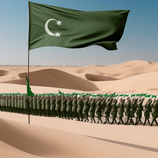 AI generated: Army of muslims in the age of the prophet mohammed
, having the green flag in the desert