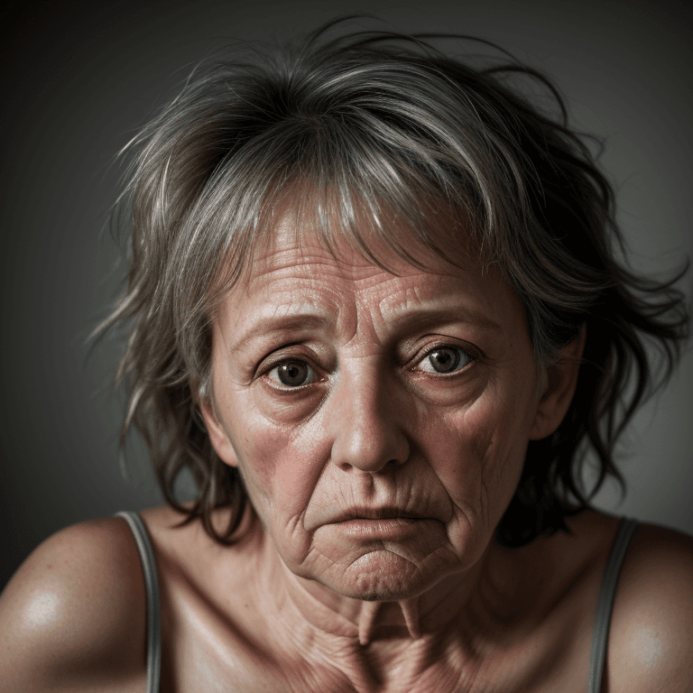 AI generated: hyper realistic headshot photo of a 60 year old, drunken, unkempt woman, she has a depressed look, l...
