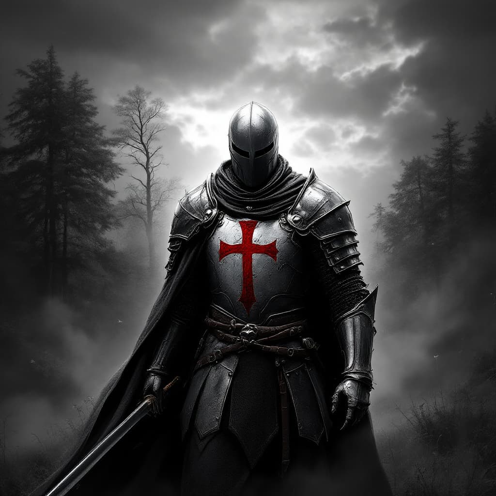 AI generated: knight templar, ultra realistic, wallpaper, black and white, Red cross, landscape --ar 4:5 --p arnjx...