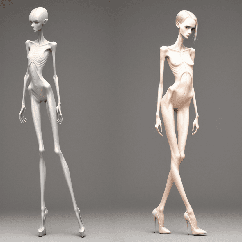 AI generated: naked very skinny anorexic legs in high heels, high heels, the tips of the shoes are very long towar...