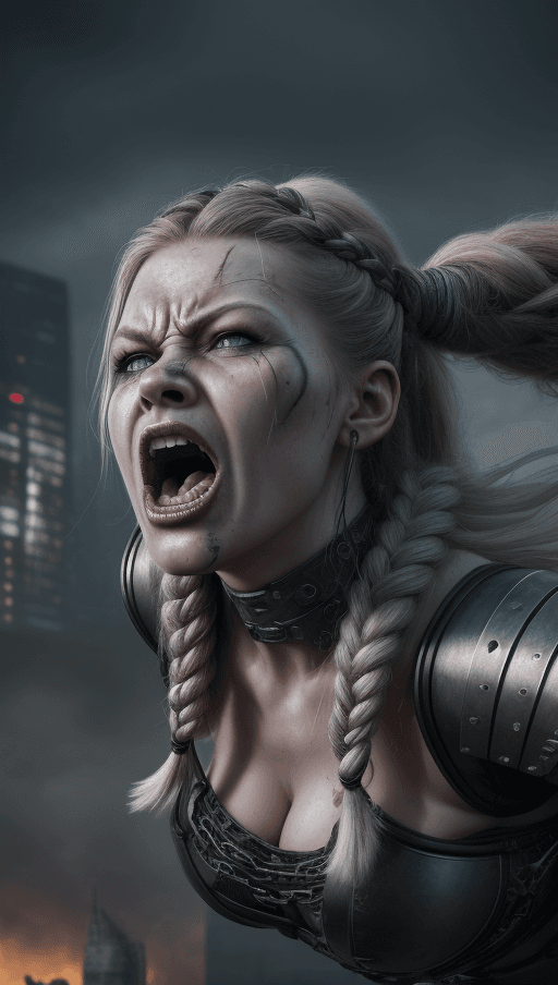 AI generated: A hyper-realistic close-up photograph of a female viking, screaming with unbridled rage as she prepa...