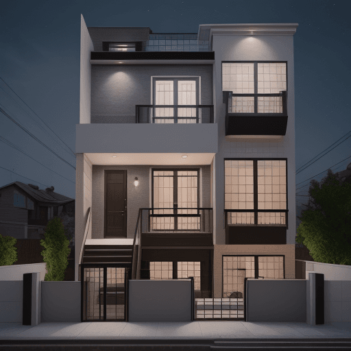 AI generated: 3 story residential house front exterior design, 24x40 size row house, modern look, use night lights...