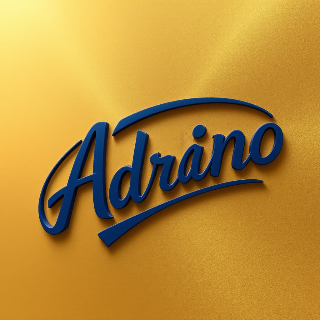 AI generated: 3D logo design featuring indigo text Adriano on a gold background. Include an oval around the letter...