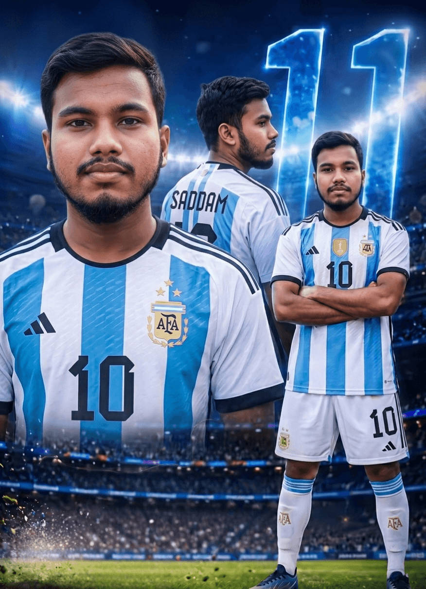 AI generated: ​A professional sports poster of a young Bangladeshi man with a neat beard and mustache, wearing the...