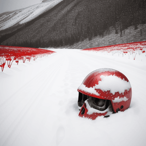 AI generated: Snow scenery, red flowers lilies, snow road, old helmet on the ground, skeleton on the ground,
