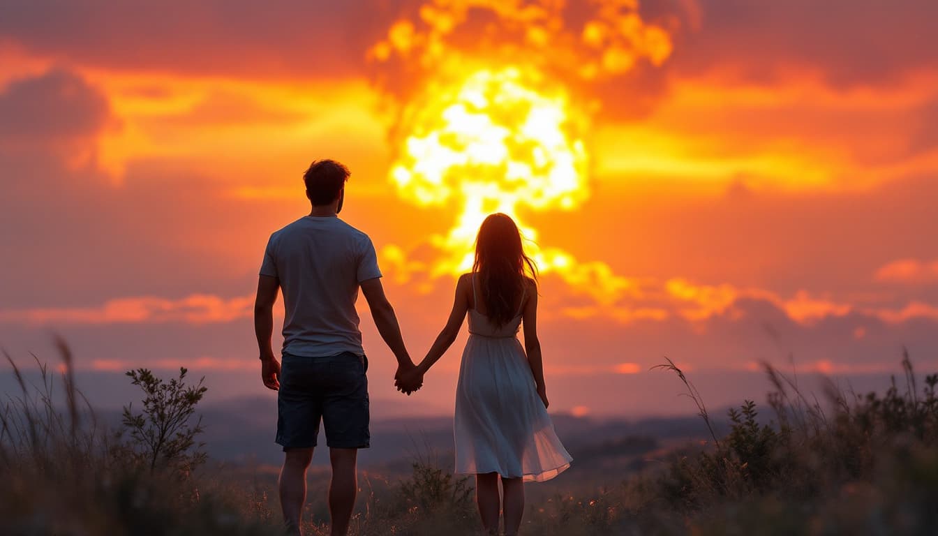 AI generated: A guy in shorts and a girl in a light dress hold hands and look at a nuclear explosion in the distan...