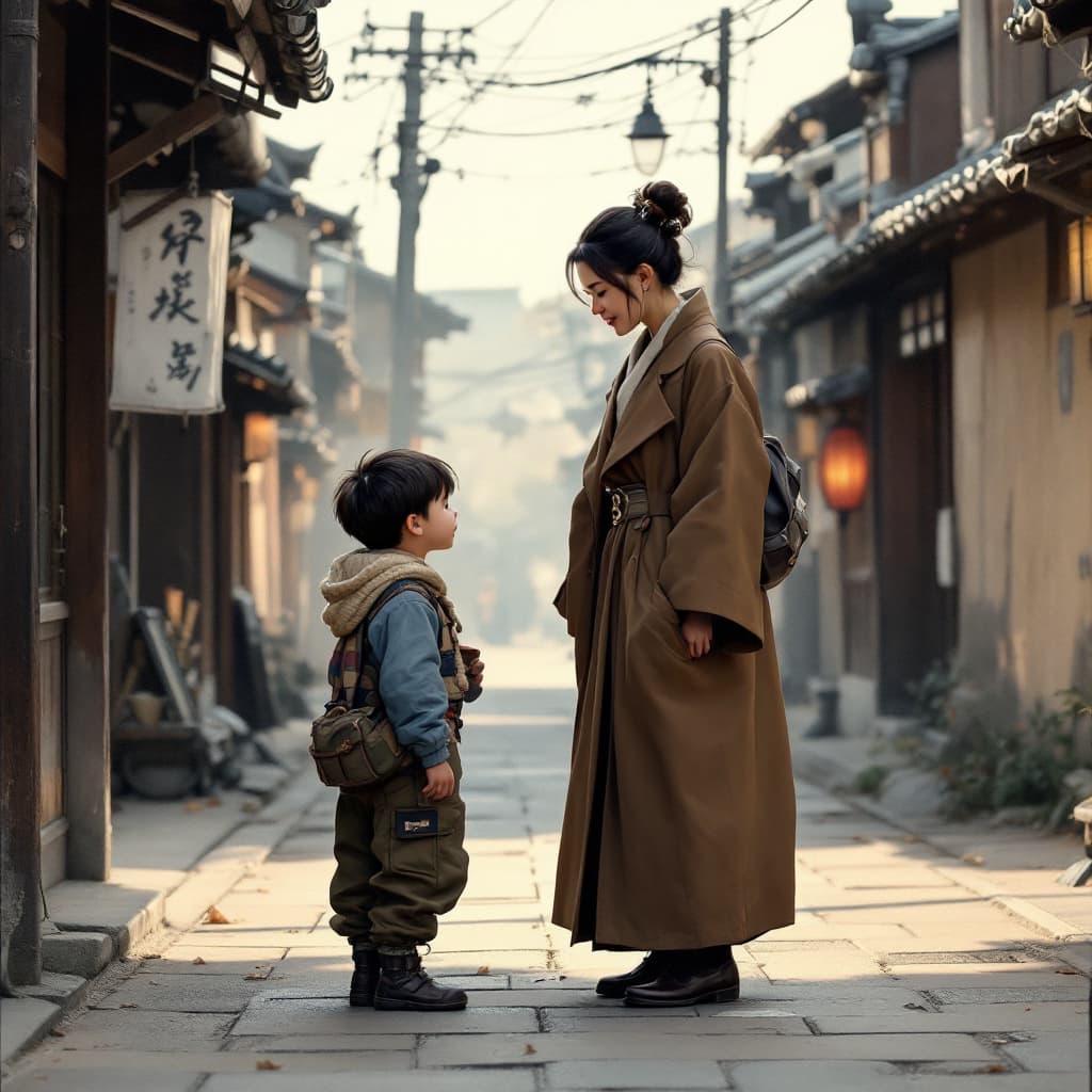 AI generated: a lady in japan based street from the edo period dressed in westernized clothes talking to a boy of ...