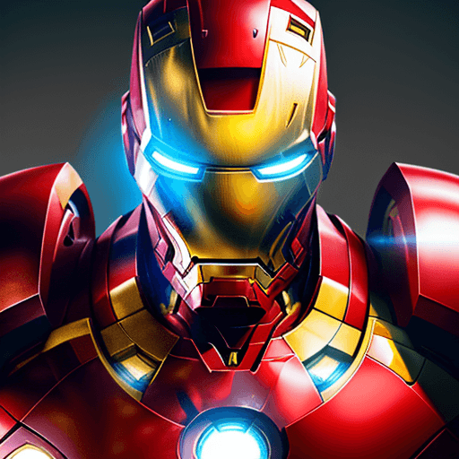 AI generated: Portrait of a mix between Iron Man and Knight, very man, golden armor jewelry, bright red and yellow...