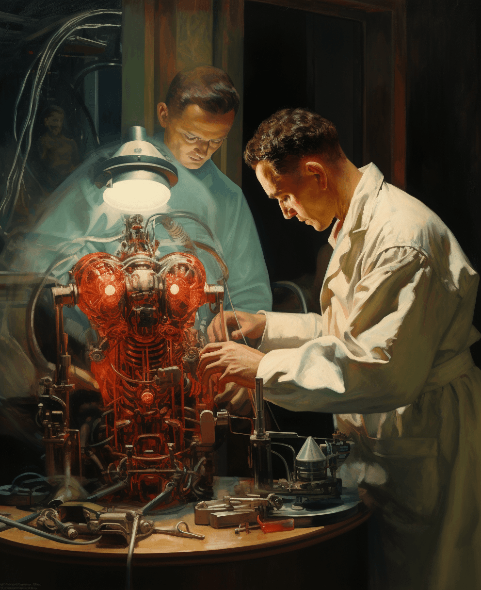 AI generated: book review for the rebirth of human ep 5 robots and machines, in the style of mid-century illustrat...