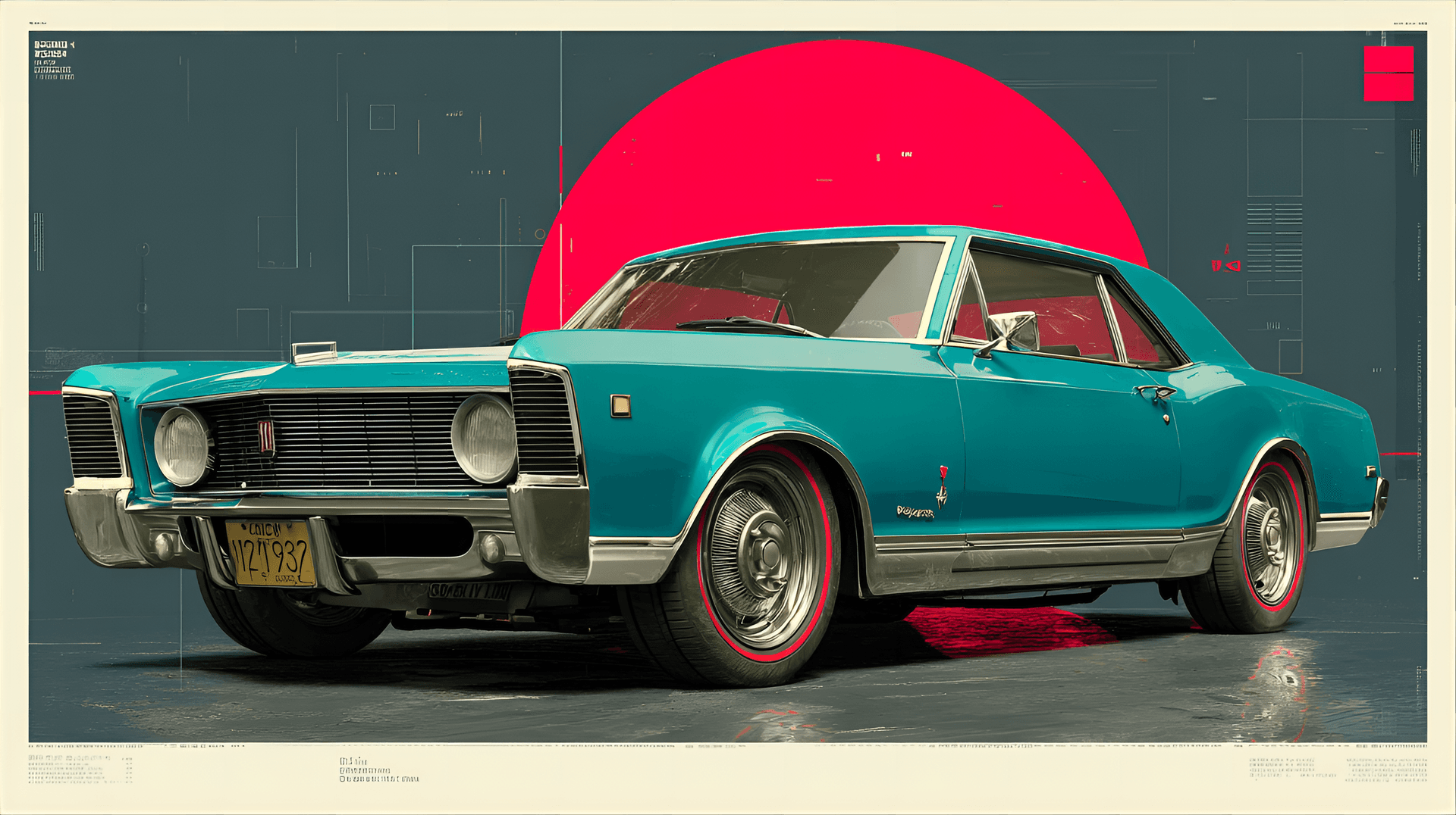 AI generated: Retro 1960s muscle car, stylized illustration,  deep teal blue and white coupe, low-slung, custom-lo...