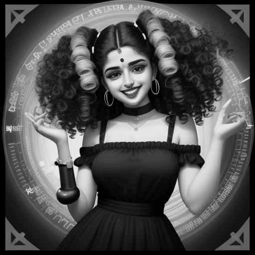 AI generated: woman smiling in black and white with curly hair, in the style of y2k aesthetic, indian pop culture,...