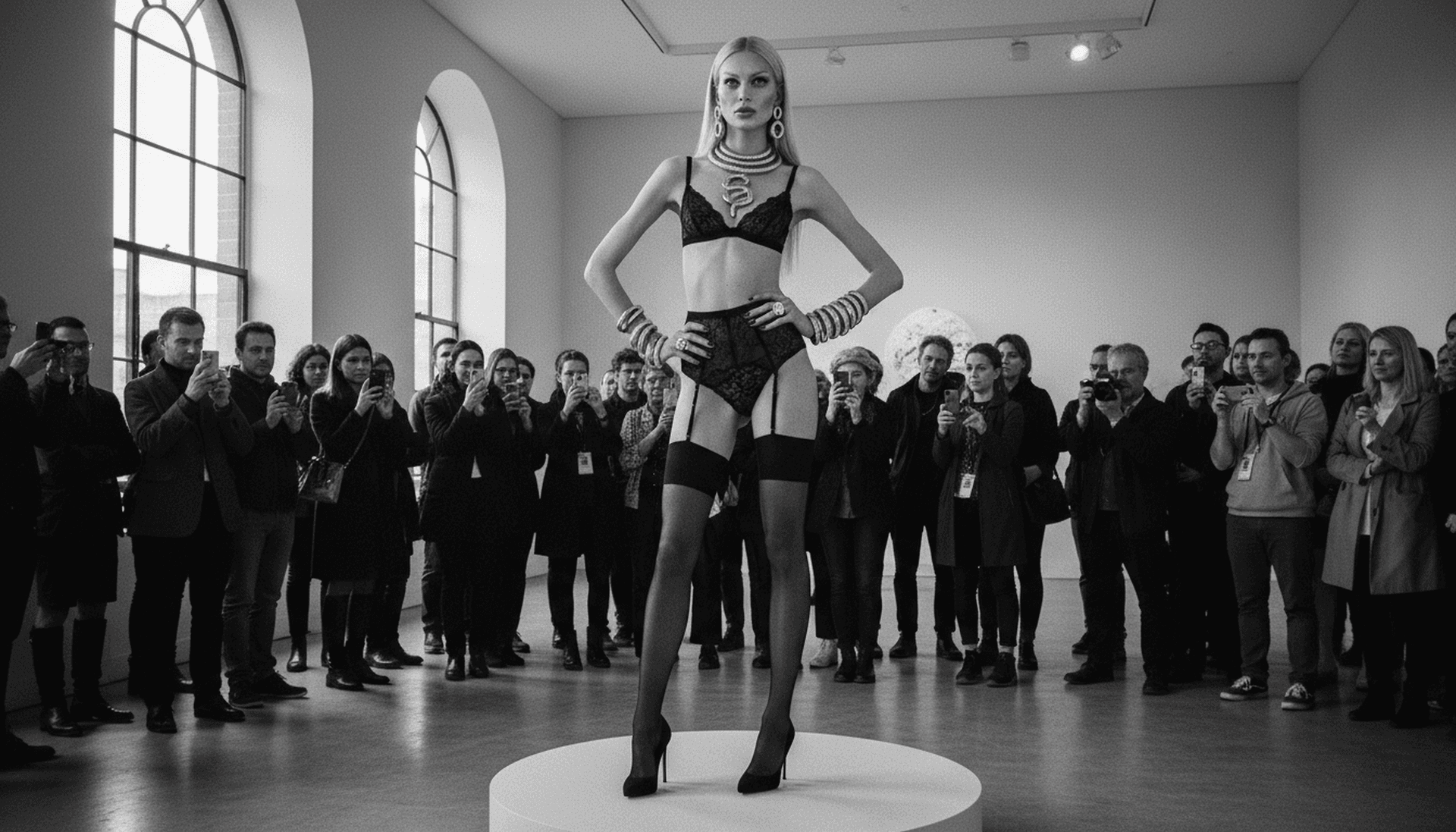 AI generated: A tall, slender model with long blonde hair, wearing a lace bralette, lace high-waisted briefs with ...