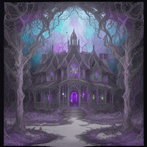 AI generated: Alcohol Ink Drawing of Phantasmic-ghostly-chaos-chaotic-abandoned Medieval Mansion in purple-sugar-c...