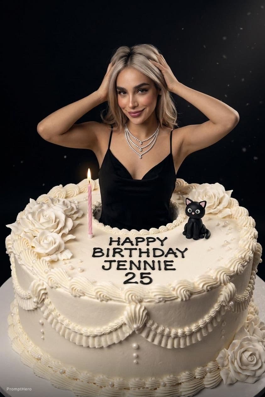AI generated:  a girl looks like Jennie, sitting in a white birthday cake, 25 years old, realistic, she is wearing...