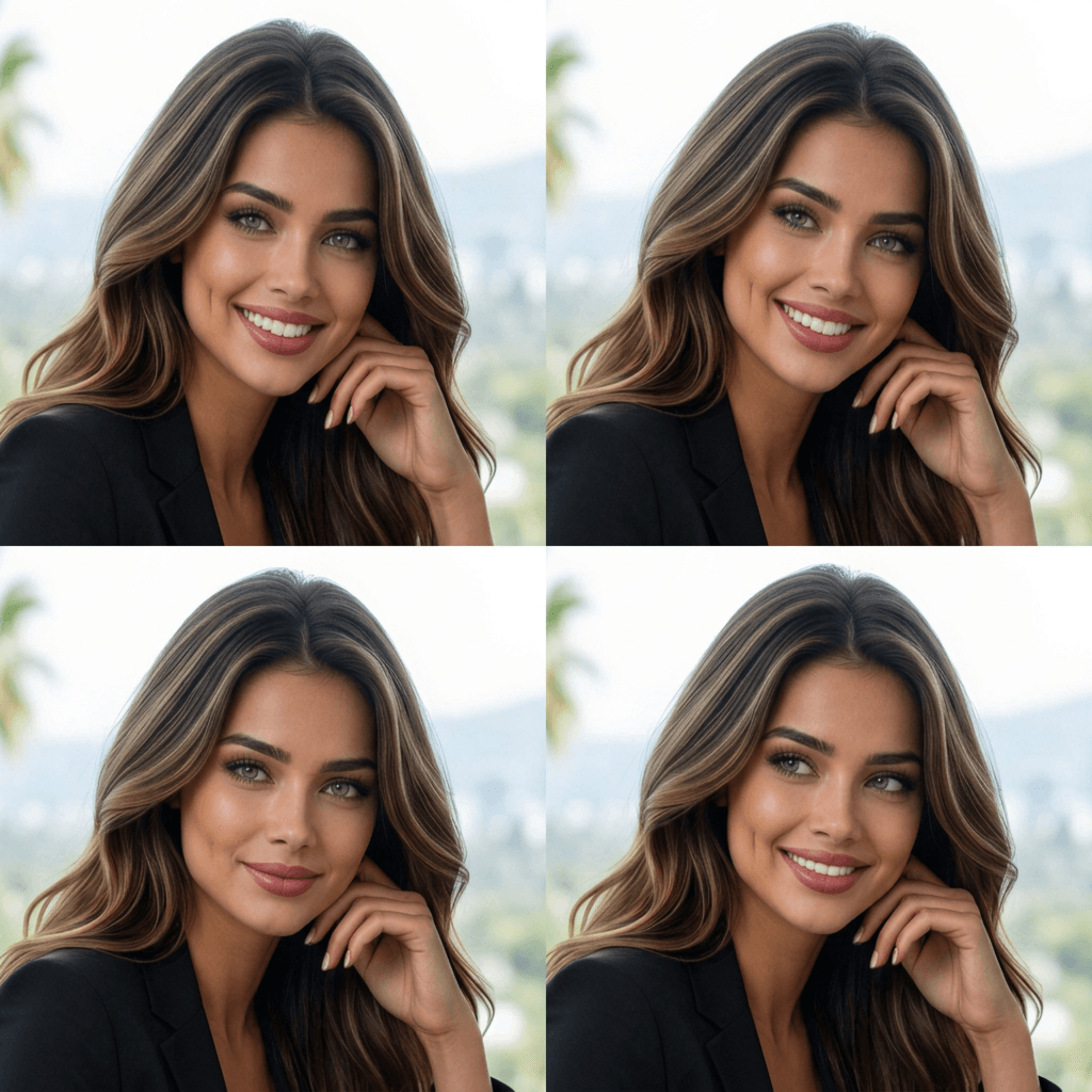 AI generated: 4 exactcly consistant tiny variations of facial expressions and head position typical of a video con...