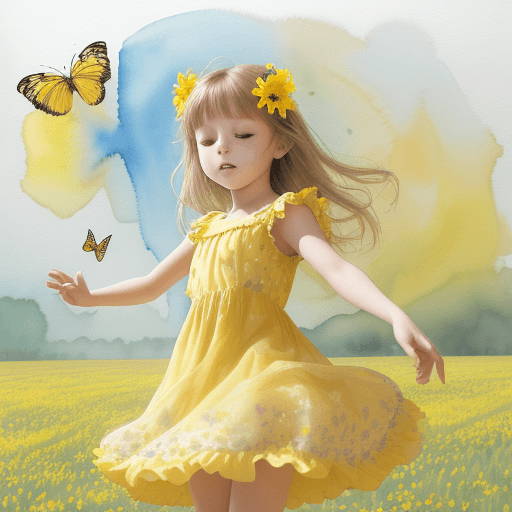 AI generated: High resolution photography wit beautiful girl 5 years old with yellow dress and yellow flowers she ...