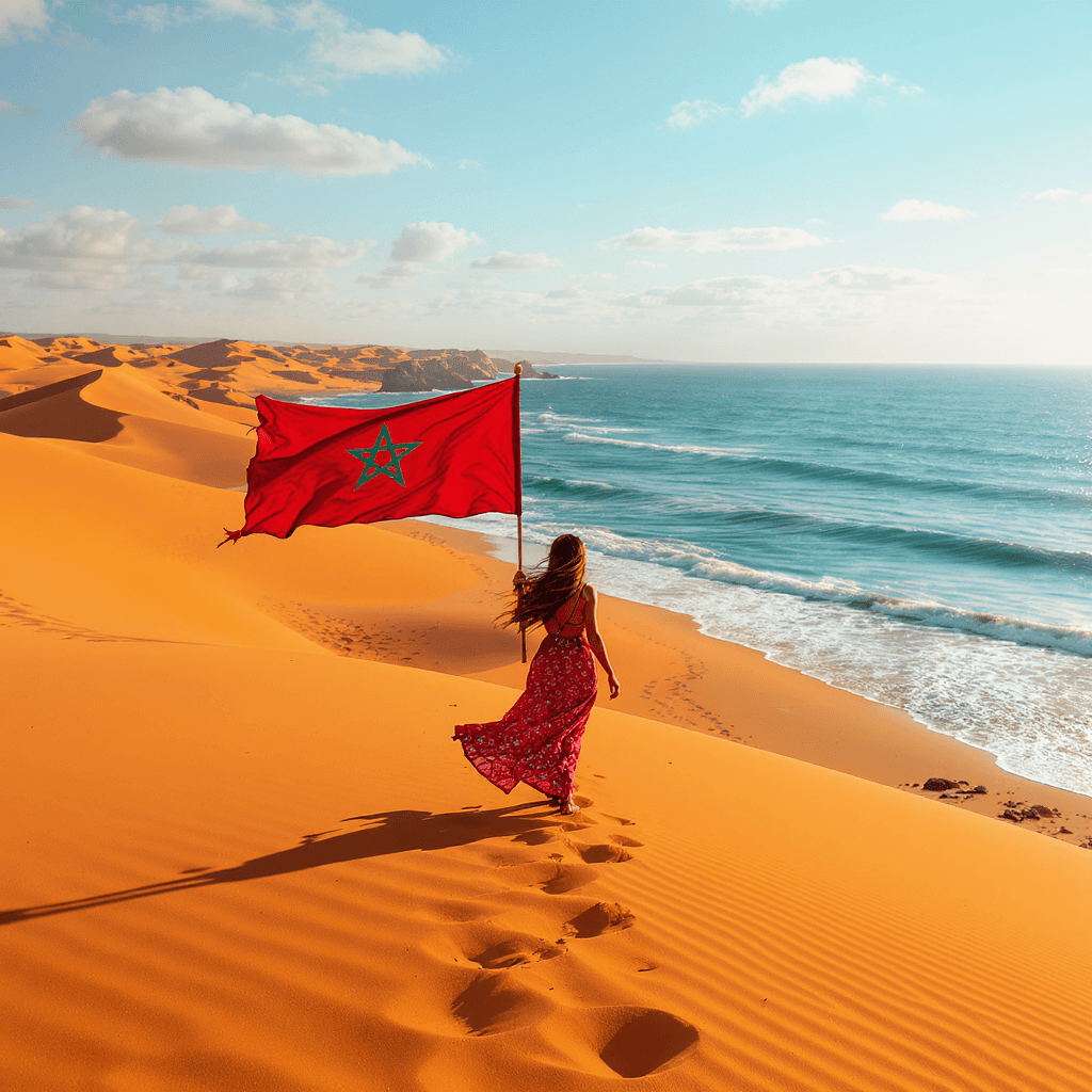 AI generated: a Moroccan girl walking in the sand dunes of the Sahara, on the edge of the Atlantic Ocean, carrying...