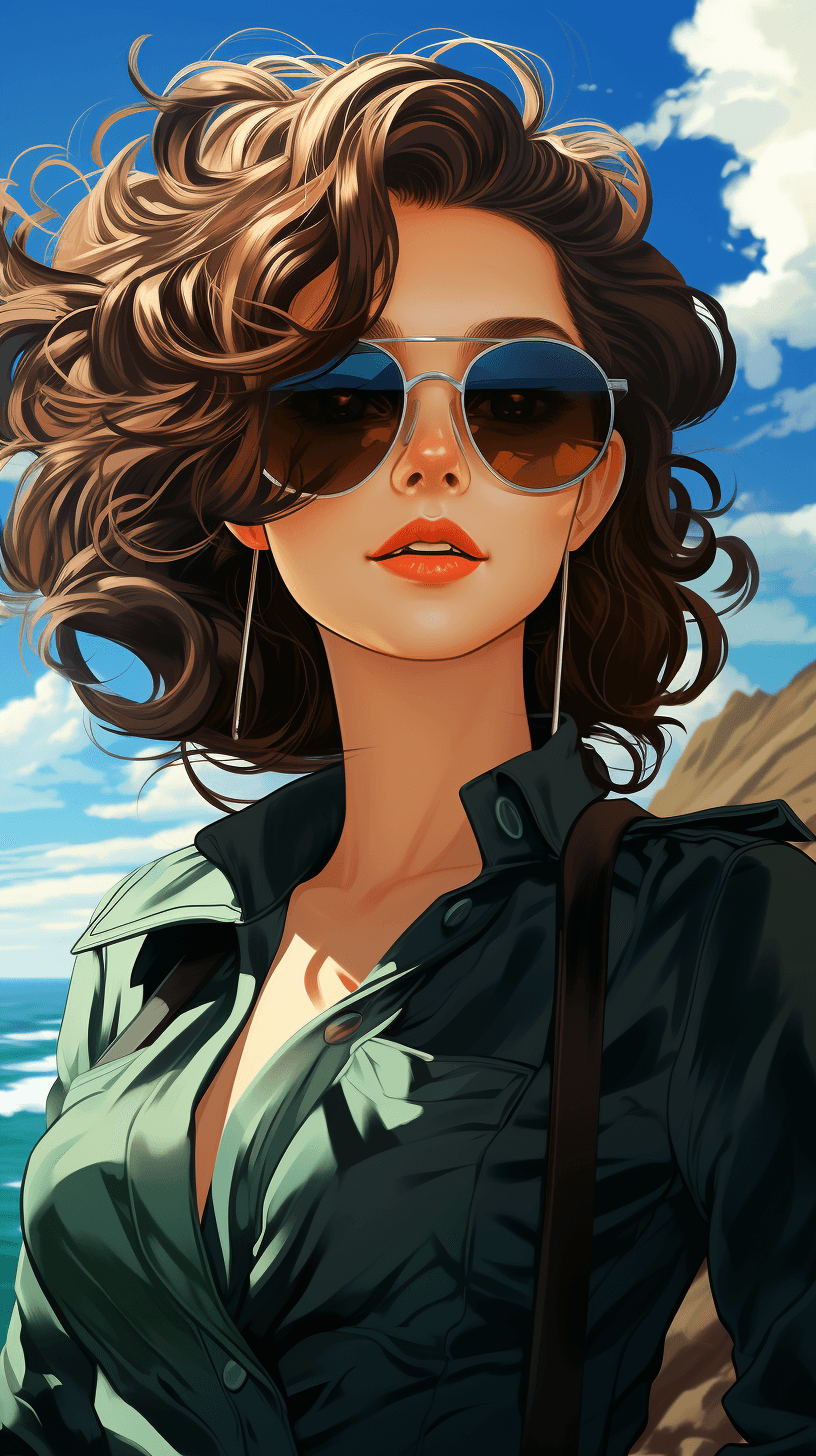 AI generated: a woman wearing sunglasses posing in front of the ocean, in the style of dark gray and dark azure, c...