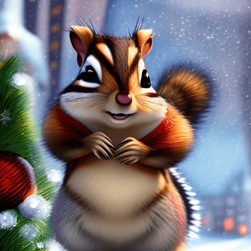 AI generated: (VERY-HAIRY CHRISTMAS-Chipmunk open posed amidst a frozen city in a pixar-style universe) "ultra-det...