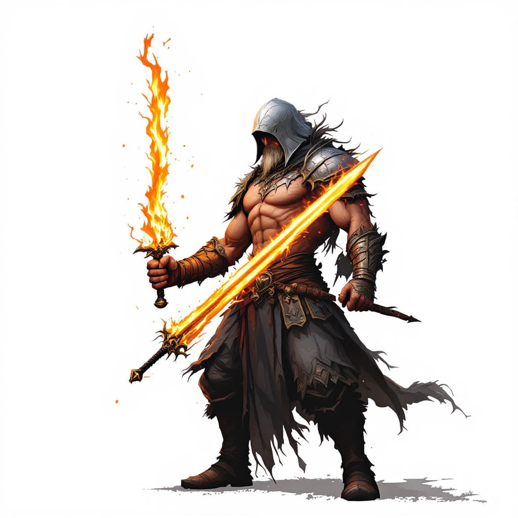 AI generated: medieval fantasy warrior wielding a flaming sword, white background
