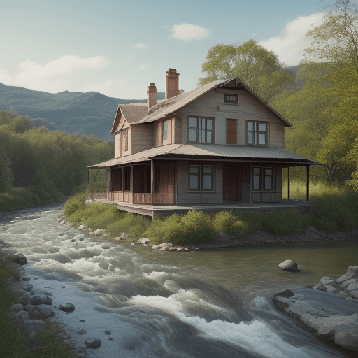 AI generated: a vintage style house next to a river