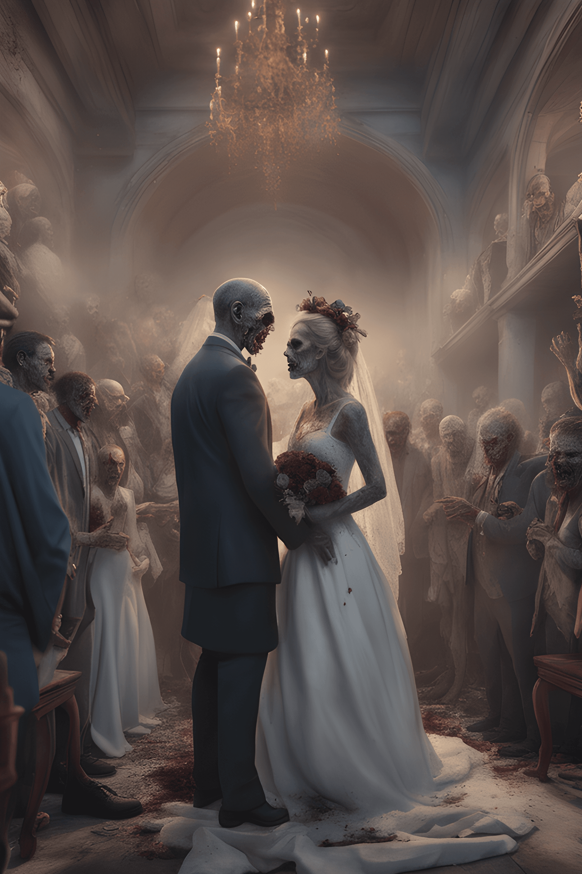 AI generated: A zombie Wedding, Wedding ceremony in front of an unholy altar, bride, groom, priest, guests    ,all...